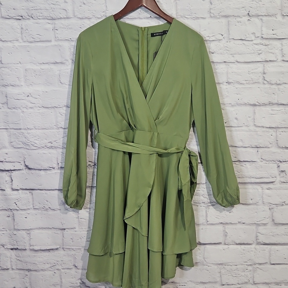 Sage green long sleeve tiered ruffle dress